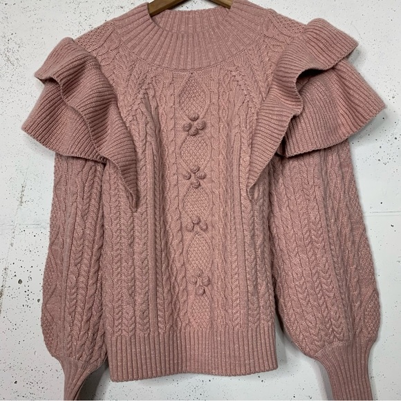 Vici Blush Pink Ruffle Shoulder Chunky Knit Sweater Size Medium - Picture 3 of 9